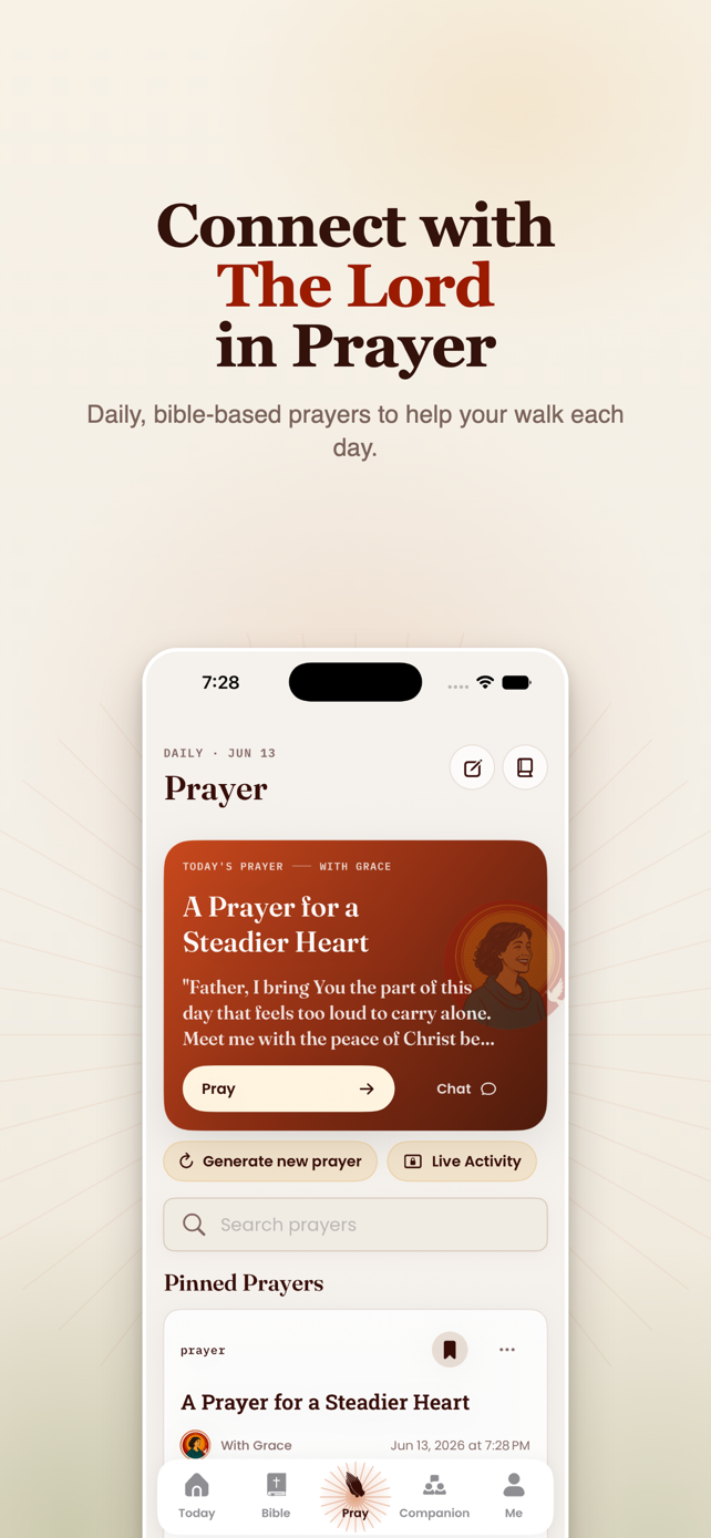 Official Chosen Portion App Store screenshot titled Connect with The Lord in Prayer, showing the Prayer screen