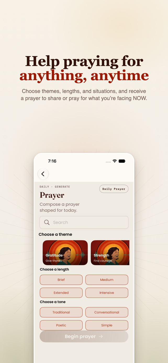 Official Chosen Portion App Store screenshot titled Help praying for anything, anytime, showing the prayer generator